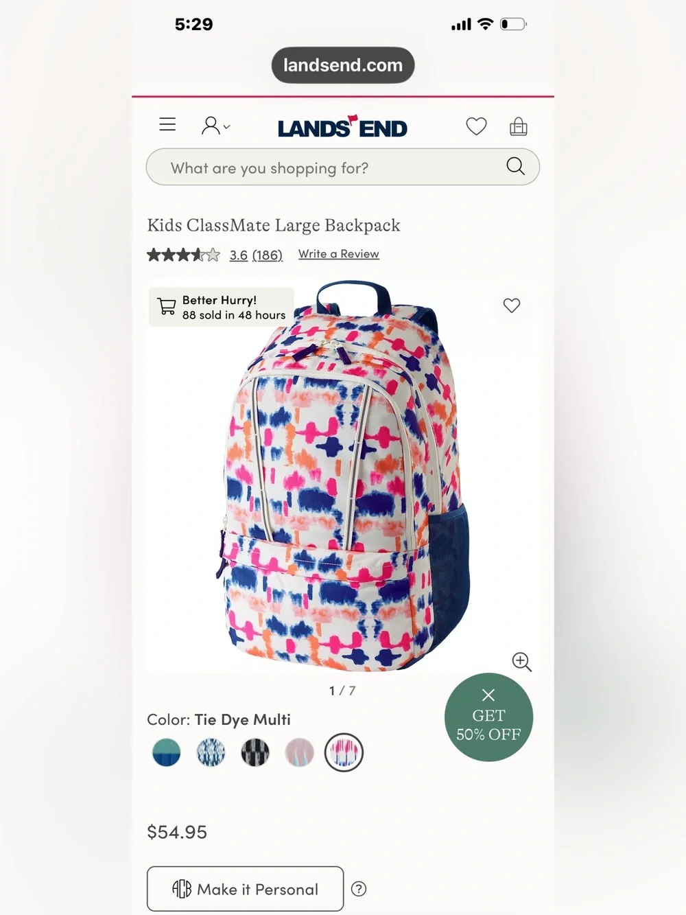 Lands' End Kids ClassMate Large Navy Backpack with Rainbow Print and Pink Trim